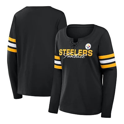 Women's Fanatics Black Pittsburgh Steelers Team First Coverage Scheme Lace-Up Long Sleeve T-Shirt