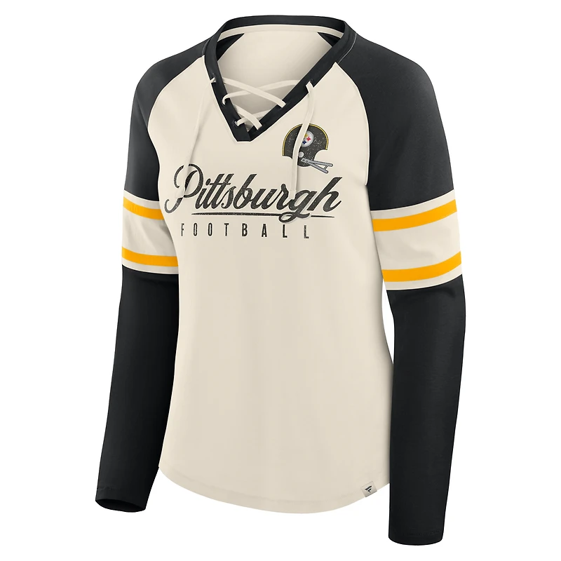 T-shirt à manches longues et col en V lacets raglan pour femme Fanatics crème/noir Pittsburgh Steelers Gridiron Hero