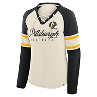 T-shirt à manches longues et col en V lacets raglan pour femme Fanatics crème/noir Pittsburgh Steelers Gridiron Hero