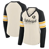 T-shirt à manches longues et col en V lacets raglan pour femme Fanatics crème/noir Pittsburgh Steelers Gridiron Hero