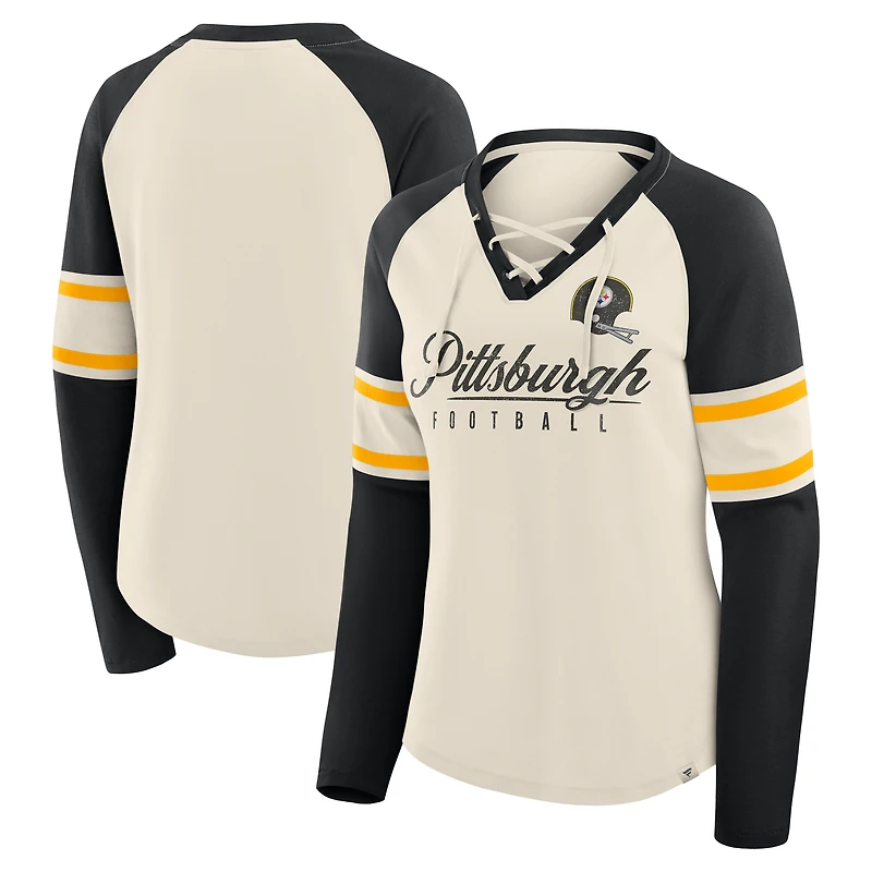 T-shirt à manches longues et col en V lacets pour femme Fanatics crème/noir Pittsburgh Steelers Hometown Gridiron Hero