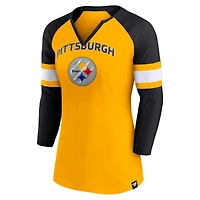 Women's Fanatics Gold/Black Pittsburgh Steelers Team Arch Raglan 3/4-Sleeve Notch-Neck T-Shirt