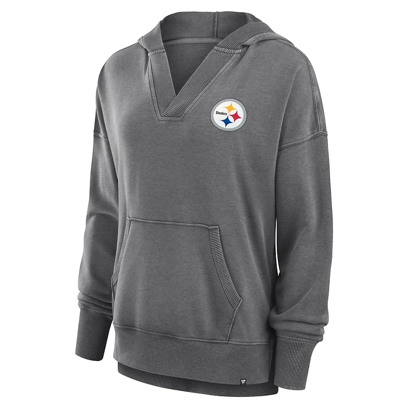 Women's Fanatics  Heather Charcoal Pittsburgh Steelers Initiative Snow Wash French Terry V-Neck Pullover Hoodie