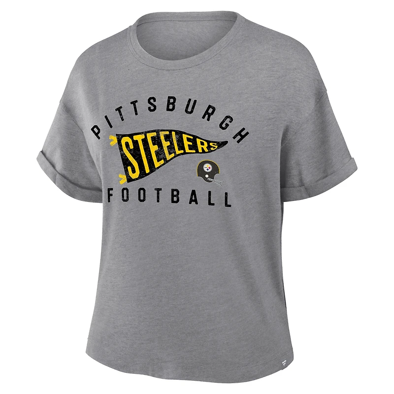 Women's Fanatics Heather Gray Pittsburgh Steelers Pennant Wave Tribute Tri-Blend Boxy T-Shirt