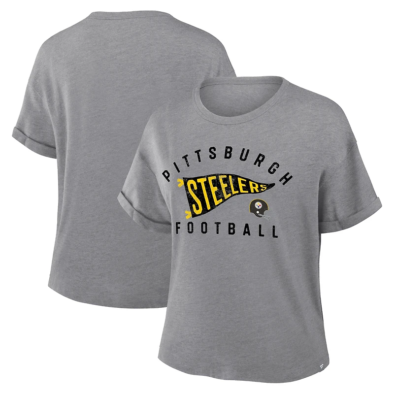 Women's Fanatics Heather Gray Pittsburgh Steelers Pennant Wave Tribute Tri-Blend T-Shirt