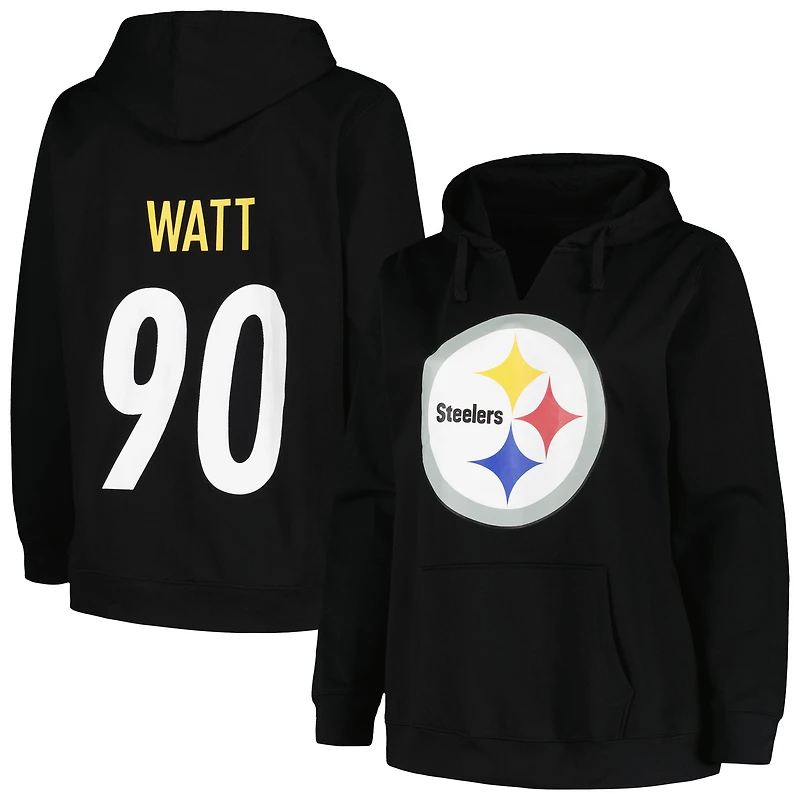 Sweat à capuche noir col en V T.J. Watt des Steelers de Pittsburgh, grande taille, pour femme (Fanatics).