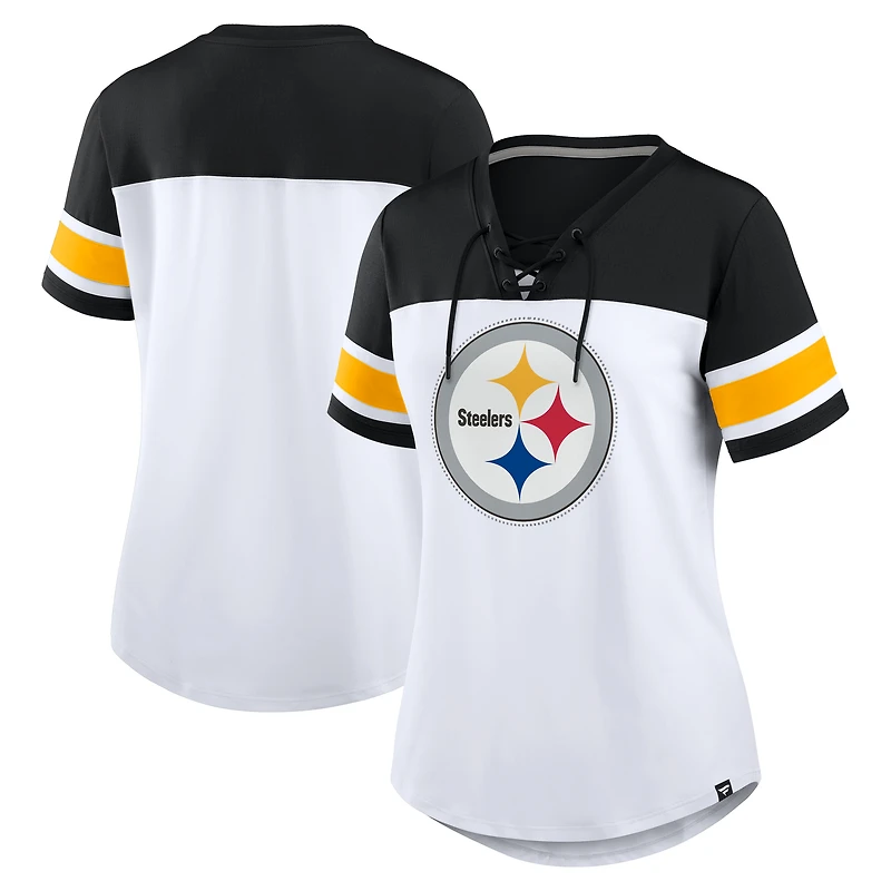 T-shirt à lacets et col en V Athena des Pittsburgh Steelers pour femme, blanc/noir