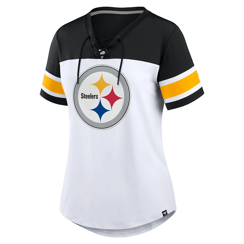 T-shirt à lacets et col en V Athena des Pittsburgh Steelers pour femme, blanc/noir