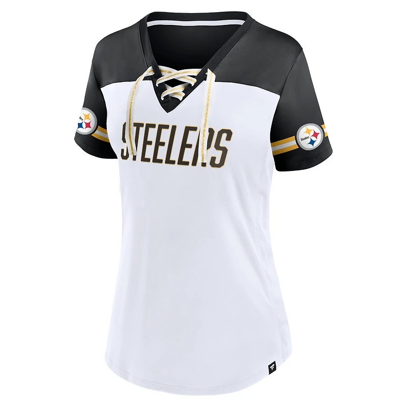 T-shirt à lacets blanc Pittsburgh Steelers Dueling Slant pour femme (Fanatics)