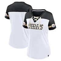 T-shirt blanc à lacets et col en V Fanatics pour femmes des Steelers de Pittsburgh Dueling Slant
