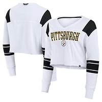 T-shirt court extensible à manches longues et col en V Fanatics blanc Pittsburgh Steelers pour femmes