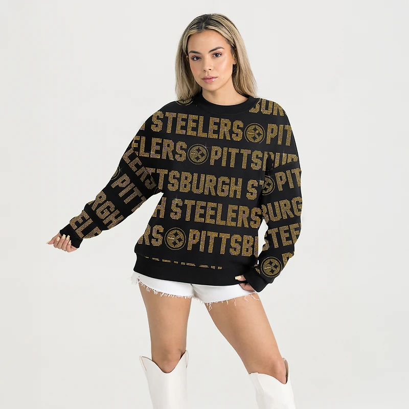 Women's Gameday Couture Black Pittsburgh Steelers Oversized Hype Era Rhinestone Text Sweatshirt