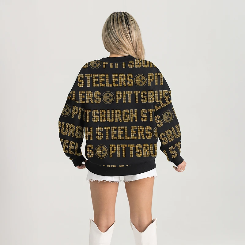 Sweat-shirt surdimensionné noir Gameday Couture pour femme avec texte en strass des Pittsburgh Steelers