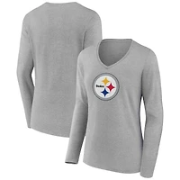 Women's  Gray Pittsburgh Steelers Primary Logo Long Sleeve V-Neck T-Shirt