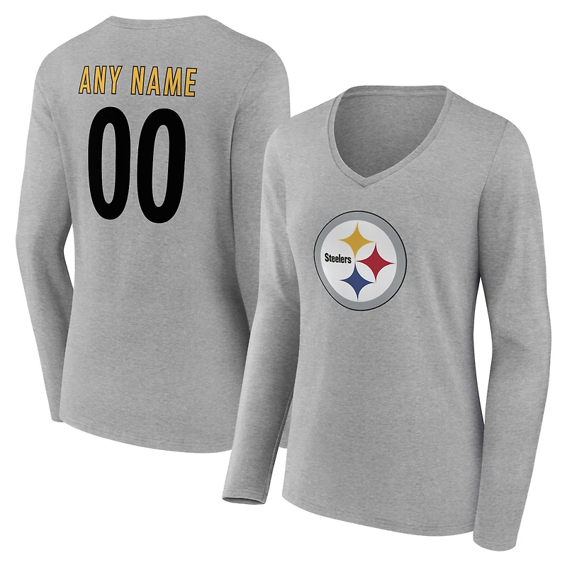 T-shirt à manches longues et col en V authentique personnalisé avec nom numéro des Steelers de Pittsburgh pour femmes, gris