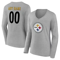 T-shirt à manches longues et col en V authentique personnalisé avec nom numéro des Steelers de Pittsburgh pour femmes, gris