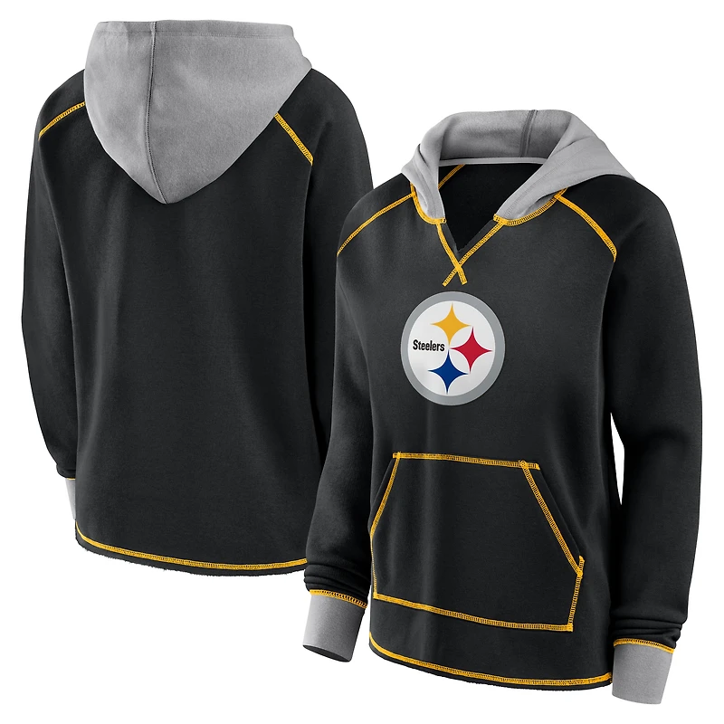 Women's Logo Athletic Black Pittsburgh Steelers Boom Fleece Pullover V-Neck Hoodie