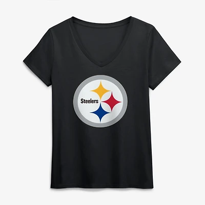 Women's Logo Athletic Black Pittsburgh Steelers Primary V-Neck T-Shirt