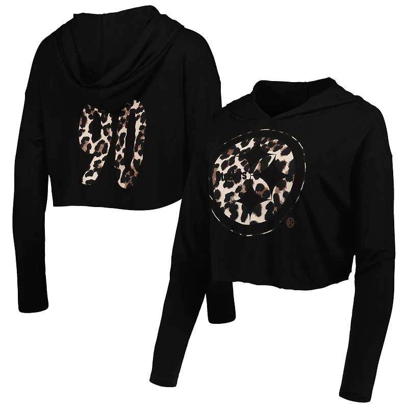 Majestic Threads pour femmes T.J. Watt Black Pittsburgh Steelers Leopard Player Name & Number Sweat à capuche court manches longues