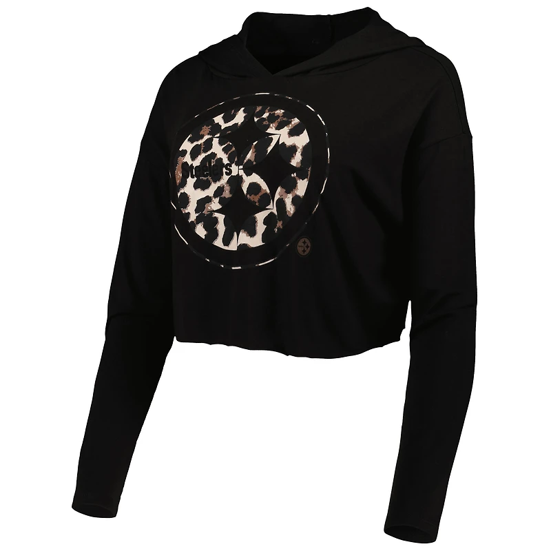 Majestic Threads pour femmes T.J. Watt Black Pittsburgh Steelers Leopard Player Name & Number Sweat à capuche court manches longues