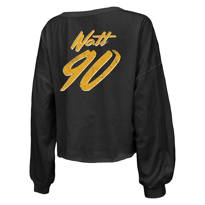 T-shirt court à manches longues et col en V pour femme Majestic Threads T.J. Watt, noir, avec inscription « Nom numéro des Steelers de Pittsburgh », épaules dénudées,