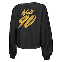 T-shirt court à manches longues et col en V pour femme Majestic Threads T.J. Watt, noir, avec inscription « Nom numéro des Steelers de Pittsburgh », épaules dénudées,