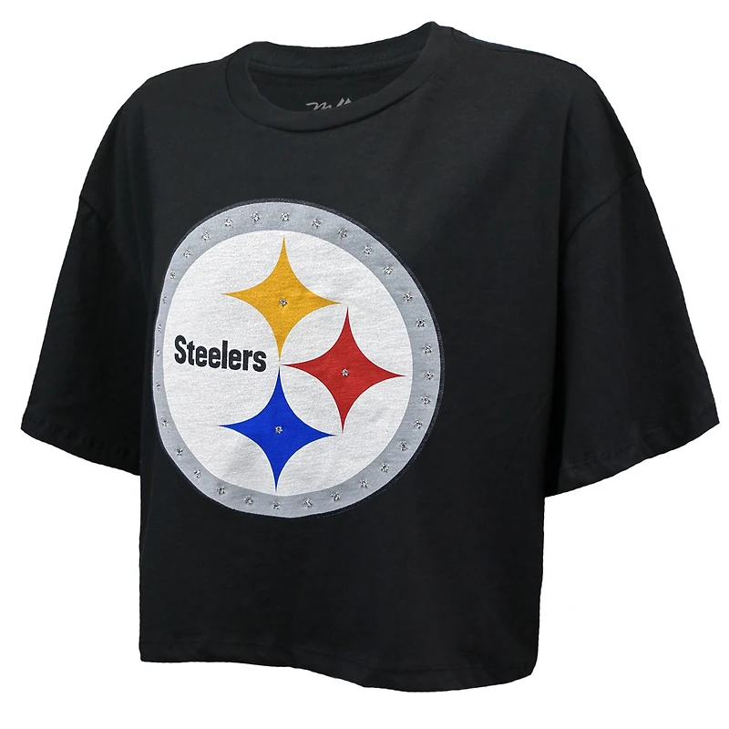 Women's Majestic Threads T.J. Watt Black Pittsburgh Steelers Swarovski Crystals Boxy Cropped Name & Number T-Shirt
