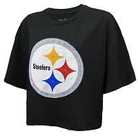 Women's Majestic Threads T.J. Watt Black Pittsburgh Steelers Swarovski Crystals Boxy Cropped Name & Number T-Shirt