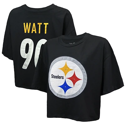 Women's Majestic Threads T.J. Watt Black Pittsburgh Steelers Swarovski Crystals Boxy Cropped Name & Number T-Shirt