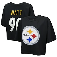 Women's Majestic Threads T.J. Watt Black Pittsburgh Steelers Swarovski Crystals Boxy Cropped Name & Number T-Shirt