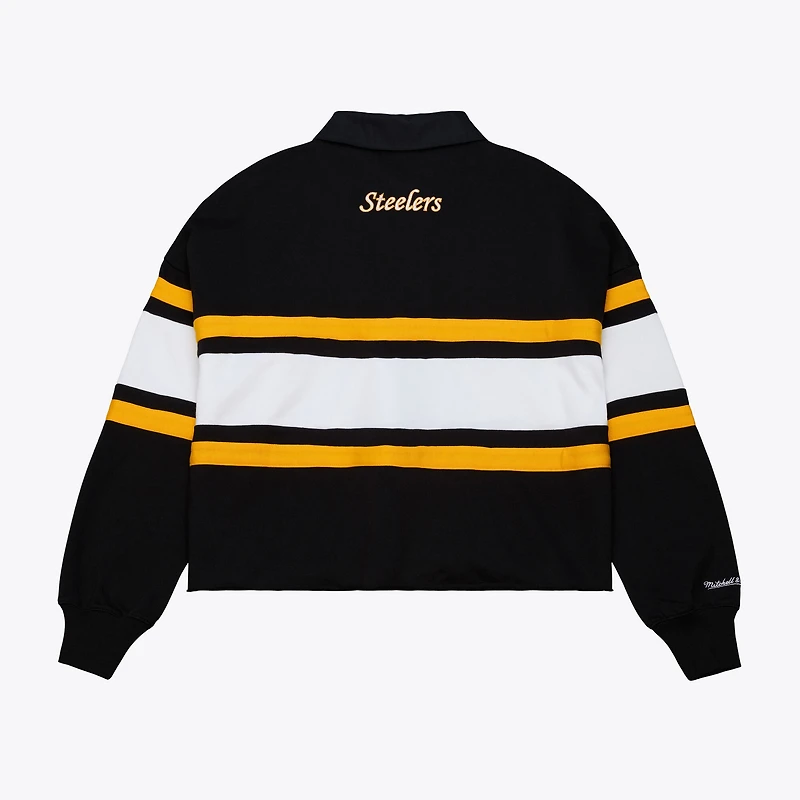 Polo de rugby court à manches longues Mitchell & Ness noir Pittsburgh Steelers pour femme