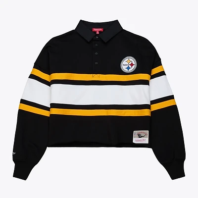 Women's Mitchell & Ness Black Pittsburgh Steelers Cropped Long Sleeve Rugby Polo