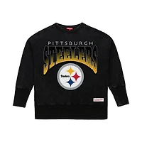 Women's Mitchell & Ness  Black Pittsburgh Steelers Delineate Mineral Wash Crewneck Sweatshirt