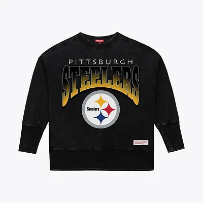 Women's Mitchell & Ness  Black Pittsburgh Steelers Delineate Mineral Wash Crewneck Sweatshirt