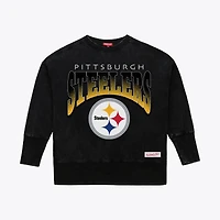 Women's Mitchell & Ness  Black Pittsburgh Steelers Delineate Mineral Wash Crewneck Sweatshirt