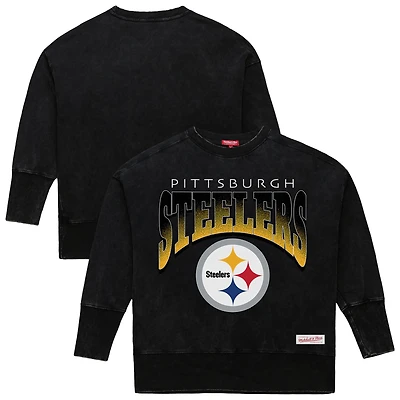 Women's Mitchell & Ness  Black Pittsburgh Steelers Delineate Mineral Wash Crewneck Sweatshirt