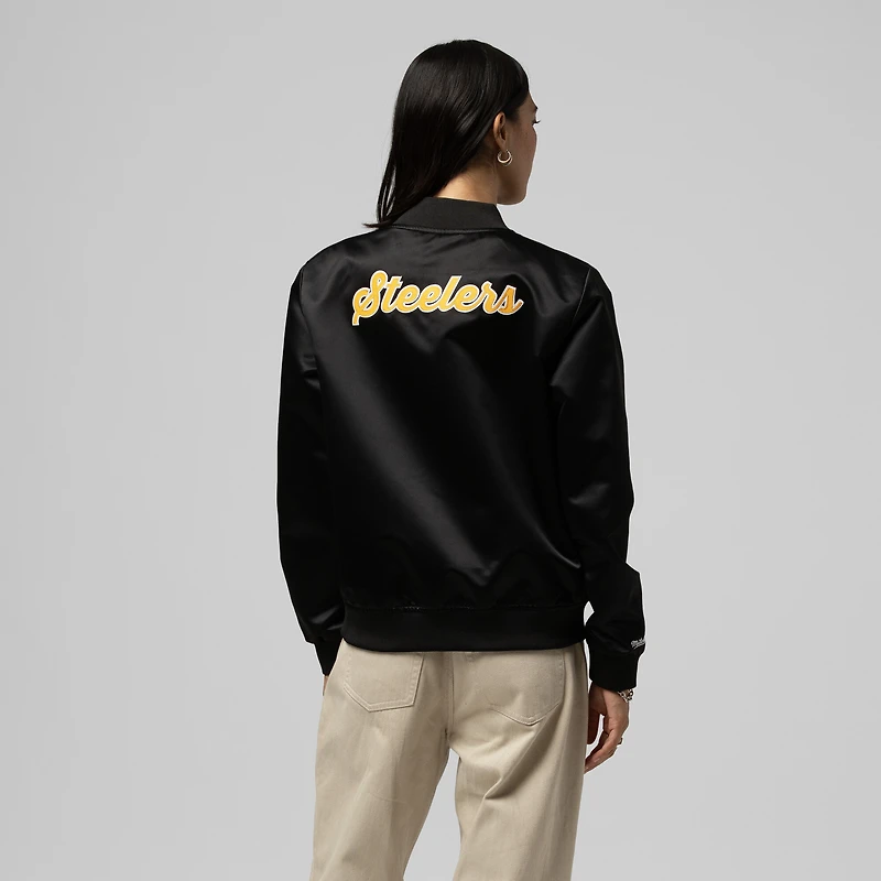 Veste en satin noir à boutons-pression Mitchell & Ness pour femme, Pittsburgh Steelers