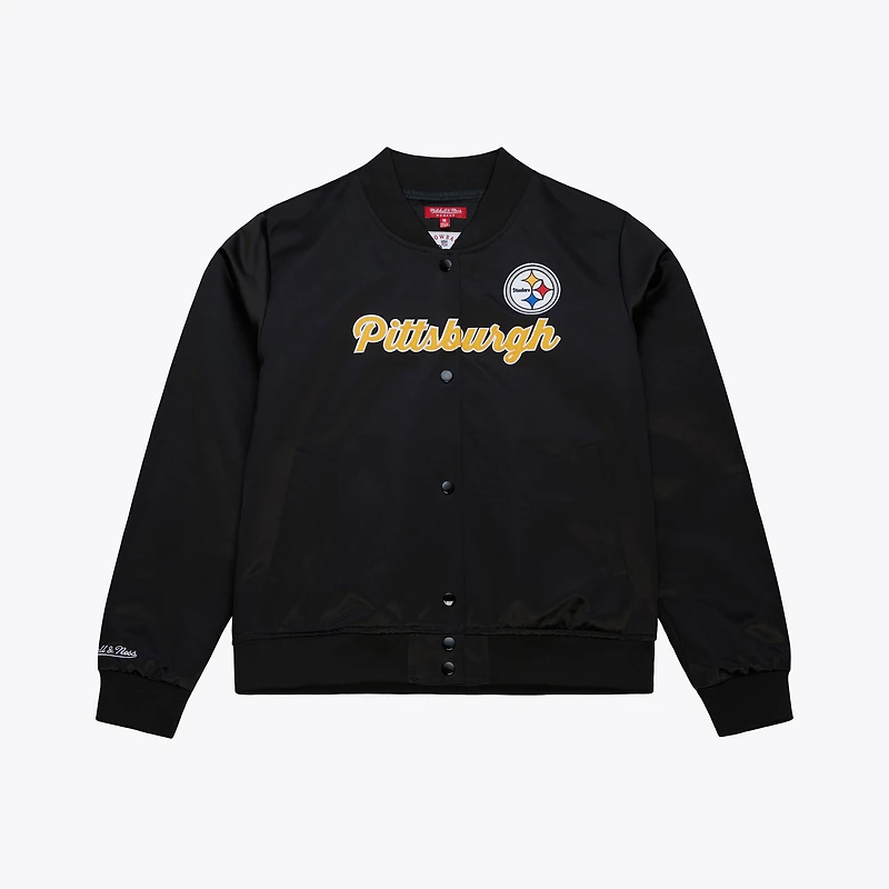 Veste en satin noir à boutons-pression Mitchell & Ness pour femme, Pittsburgh Steelers