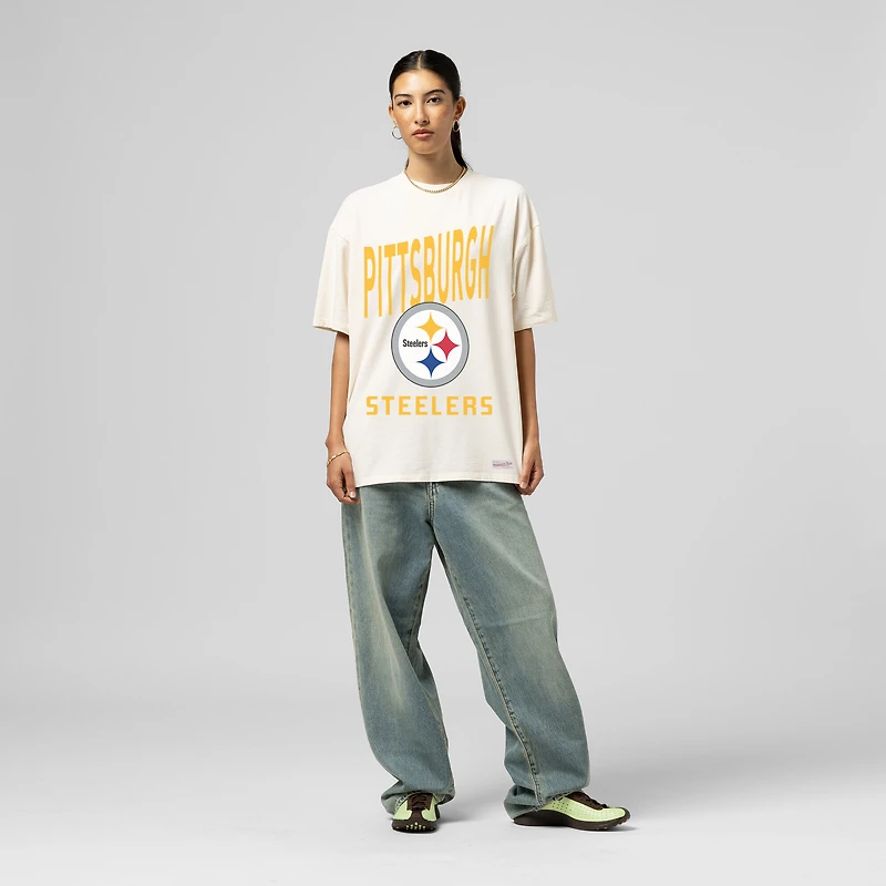 Women's Mitchell & Ness Cream Pittsburgh Steelers Logo Rise Boyfriend T-Shirt