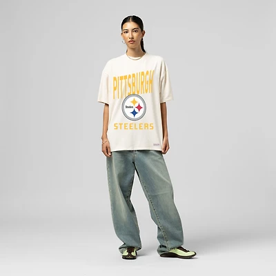 Women's Mitchell & Ness  Cream Pittsburgh Steelers Logo Rise Boyfriend T-Shirt