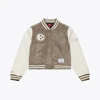 Veste universitaire Mitchell & Ness beige Pittsburgh Steelers pour femme, à boutons-pression.