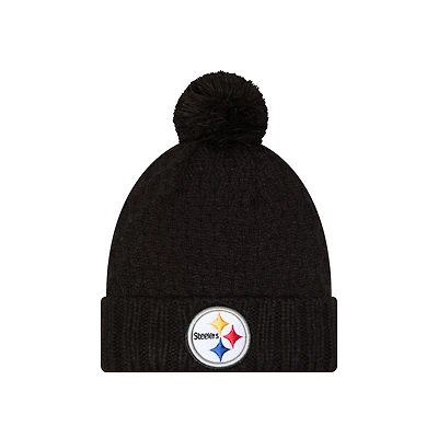 Bonnet en tricot épais à revers avec pompon pour femme New Era Pittsburgh Steelers Active noir