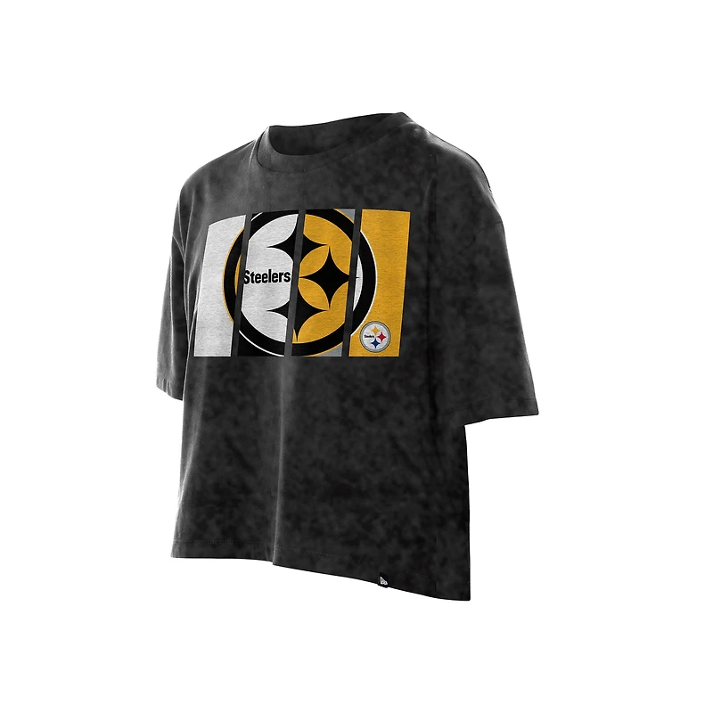 T-shirt court boxy sport noir délavé minéral pour femme des Pittsburgh Steelers de New Era
