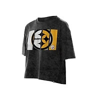 T-shirt court boxy sport noir délavé minéral pour femme des Pittsburgh Steelers de New Era