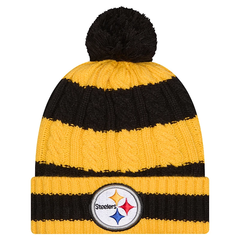 Women's New Era Black Pittsburgh Steelers Braided Cuffed Knit Hat with Pom