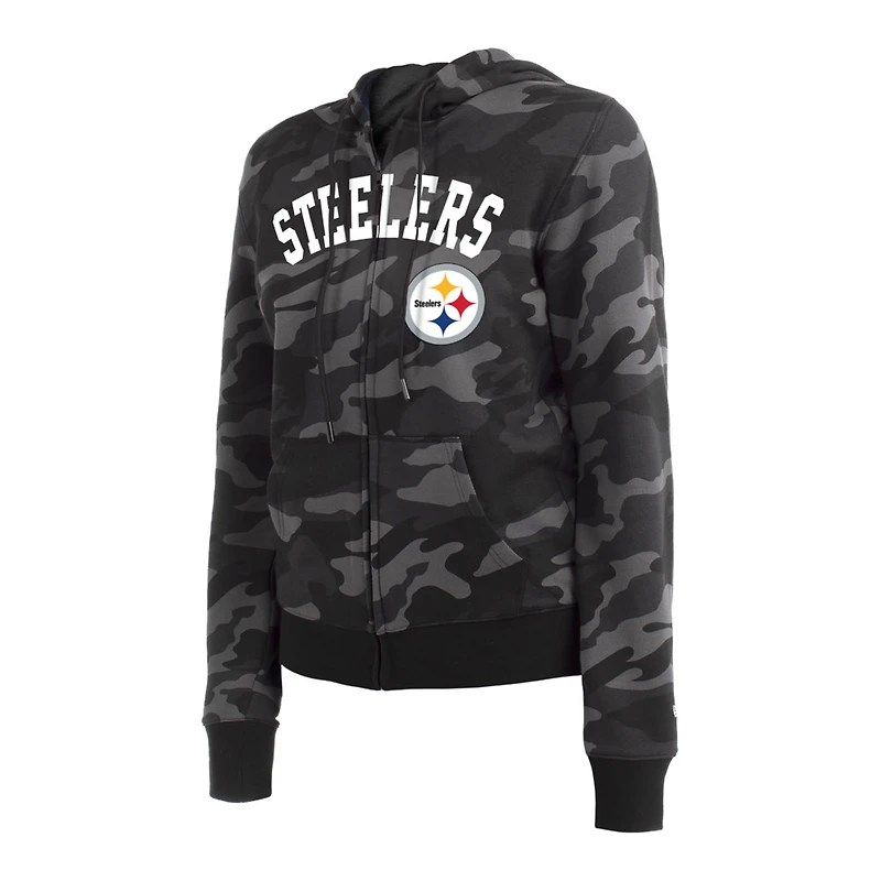 Sweat à capuche zippé et camouflage des Pittsburgh Steelers New Era pour femme, noir
