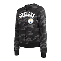 Sweat à capuche zippé et camouflage des Pittsburgh Steelers New Era pour femme, noir