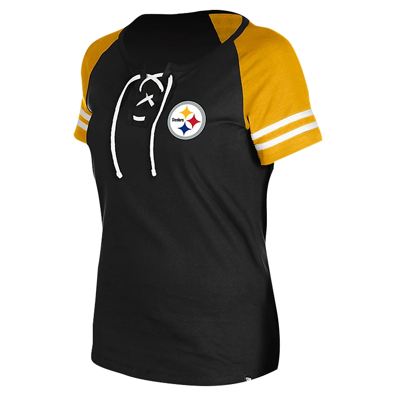T-shirt raglan à lacets noir Pittsburgh Steelers New Era pour femme