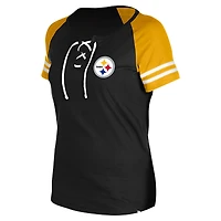Women's New Era Black Pittsburgh Steelers  Lace-Up Raglan T-Shirt
