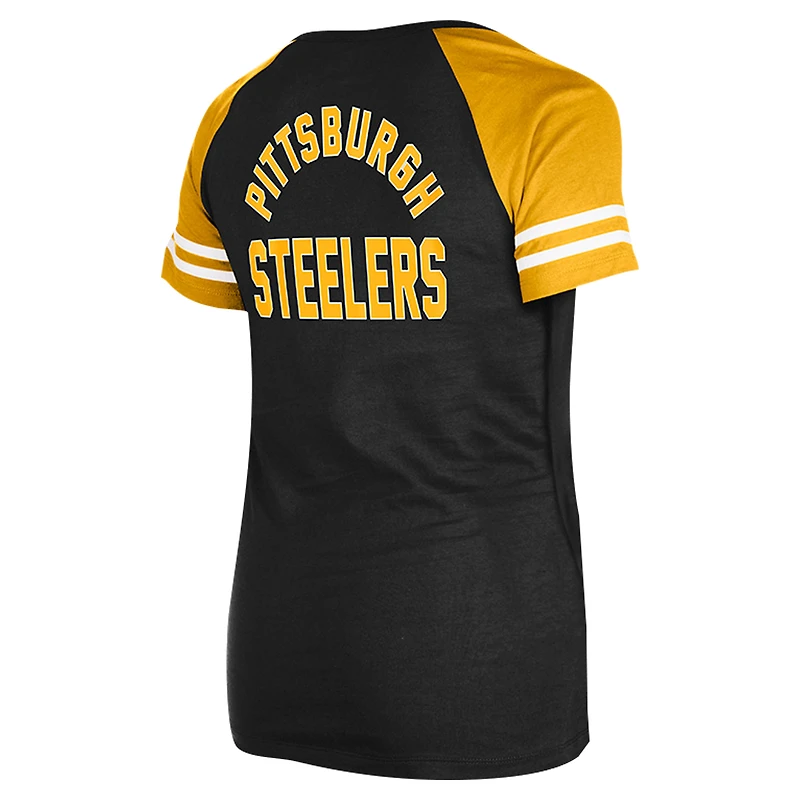 T-shirt raglan à lacets noir Pittsburgh Steelers New Era pour femme